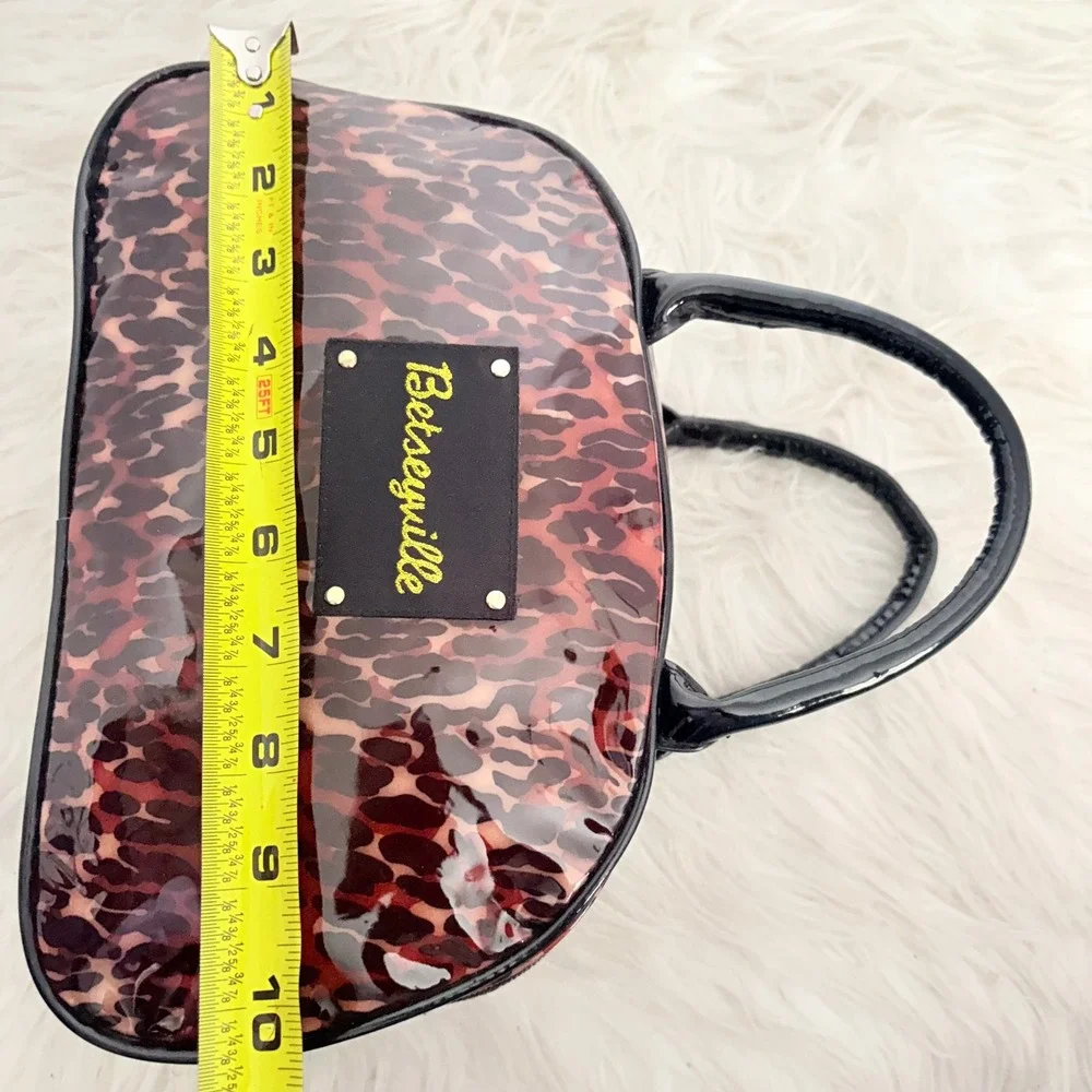 Betseyville Betsey Johnson Leopard Print PVC Mini Bowler Bag y2k Brown Black